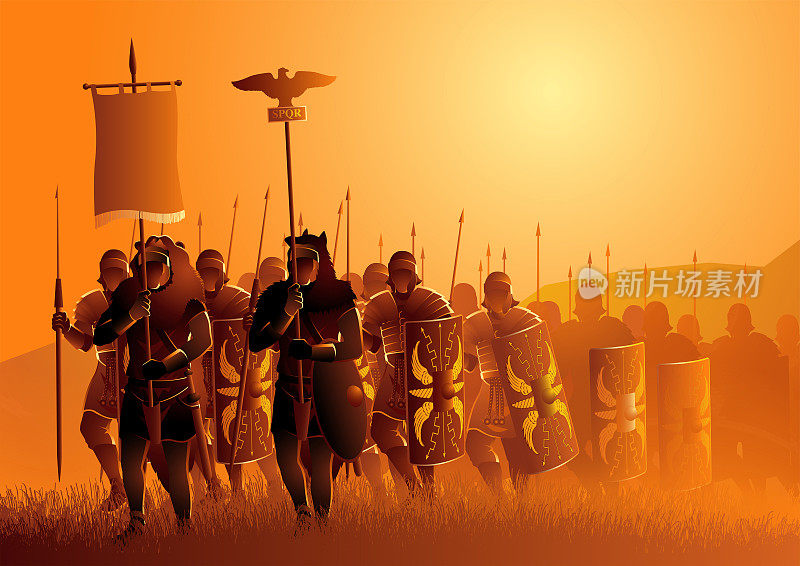 Ancient Rome legionary march in the grass field